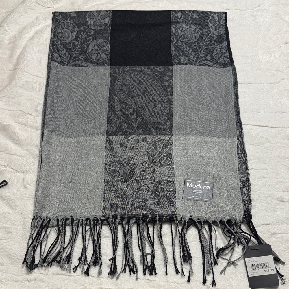 Modena Black and Gray Scarf Pashmina Wrap 72 inches X 26 inches